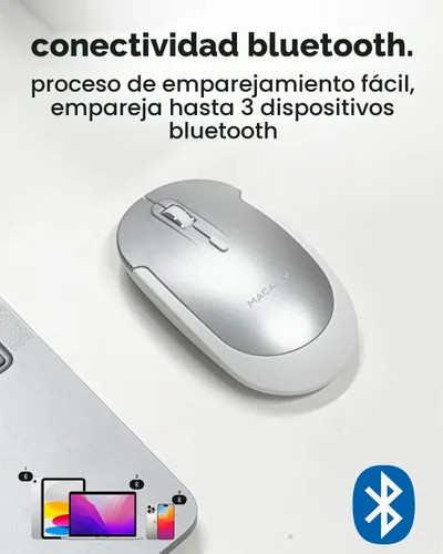 Vista 3 de Macally Mouse Bluetooth Inalámbrico para Mac, MacBook Pro/Air, iPad y PC - Cómodo y Silencioso Mouse Apple Inalámbrico Compatible - Plata