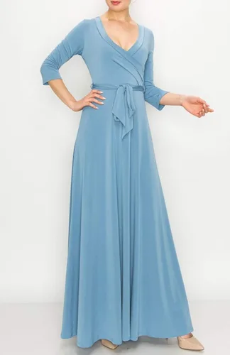 Vista 3 de Bon Rosy maxi vestido ceñido de mangas 34 y escote en V liso para mujer