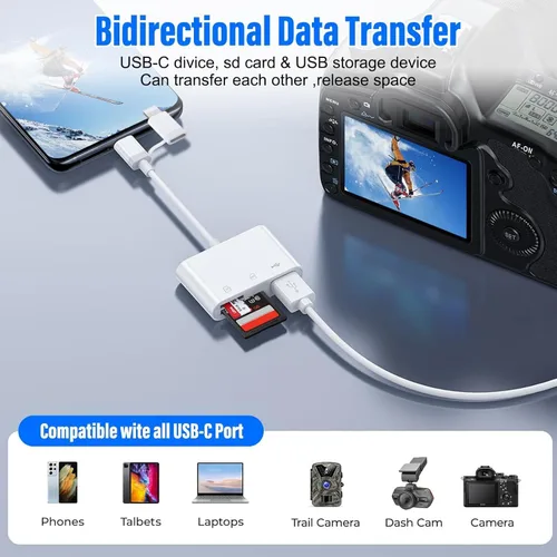Vista 5 de Lector de tarjetas SD para iPhone iPad, adaptador de tarjeta SD de doble puerto Lightning USB-C integrado con SD MicroSD USB 3 ranuras para cámara