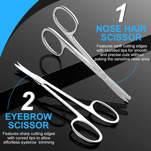 Vista 7 de Tijeras pequeñas de pelo facial para hombres y mujeres, cejas, nariz, barba, bigote, pestañas, juego de recortar el pelo de las orejas, tijeras