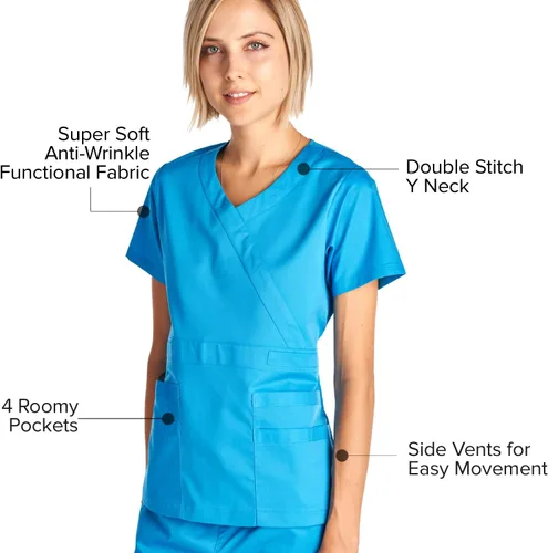 Vista 3 de Dagacci Medical Uniform Conjunto de uniforme médico para mujeres con blusa de cuello en Y elástica y suave y pantalones