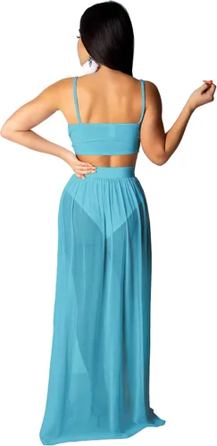 Vista 2 de Conjunto sexi de 2 piezas para mujer, camiseta corta de gasa con tirantes y cuello en V pronunciado, falda larga con abertura frontal, conjunto