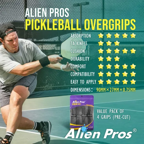 Vista 6 de ALIEN PROS Pickleball Overgrip (paquete de 4) con crestas para un mejor control de agarre, cinta de agarre de pickleball precortada y seca al tacto