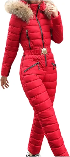 Vista 5 de JUNGE Mono de invierno para mujer, overol de esquí con capucha, para deportes al aire libre, chaquetas impermeables con bolsillo y cremallera, traje