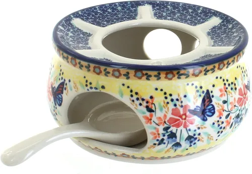 Vista 5 de Cerámica polaca de rosas azules, calentador de tetera de ramo de jardín naranja, 6.25 pulgadas de diámetro, soporte decorativo para tetera
