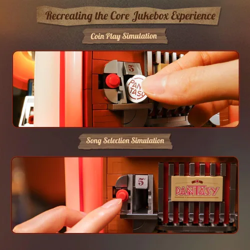 Vista 3 de PANTASY Kit de construcción retro Jukebox con función de moneda y sonido, modelo de caja de música mecánica con discos acrílicos, estudio