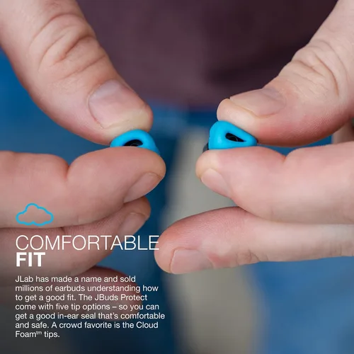 Vista 5 de JLab JBuds Protect Tapones reutilizables para los oídos, niveles de reducción de ruido duales, juegos de 5 puntas, funda de transporte con llavero