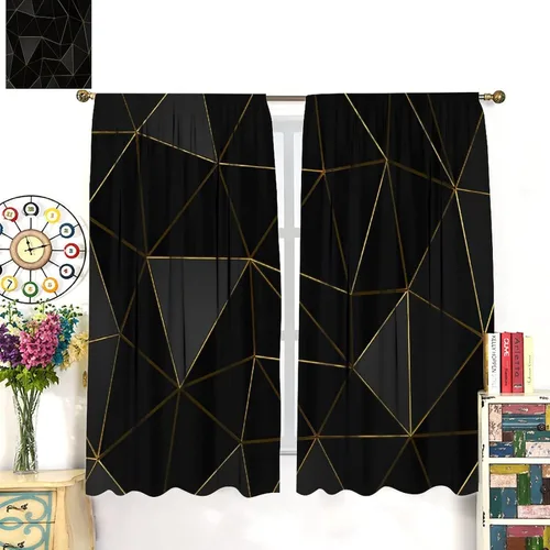 Vista 124 de Cortinas Negras con Dobladillo Dorado, Cortinas Opacas con Bolsillo para Barra con Estampado de Rayas de Foil en Onda Dorada para Decoración de Negro