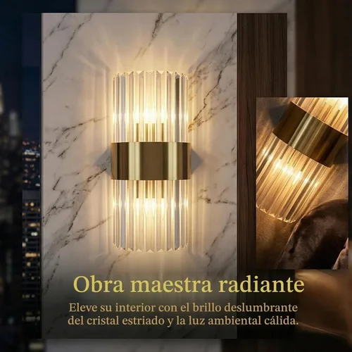 Vista 2 de Juego de 2 apliques de pared de cristal dorado, modernos apliques de cristal de iluminación de 2 luces de latón para pared de baño, pasillo