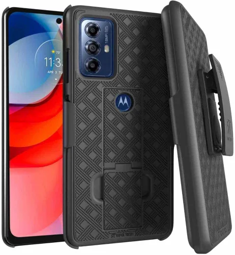 Vista 6 de Funda diseñada para Motorola G Play (2021) con funda de clip para cinturón, funda con función atril, color negro