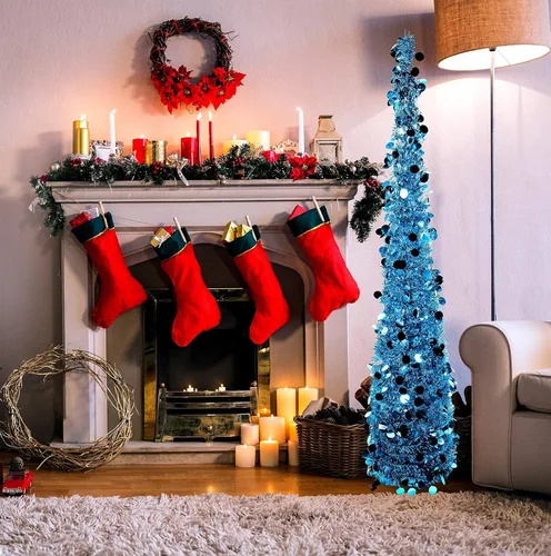 Vista 5 de Árbol de Navidad de oropel azul claro de 5 pies - Árbol de Navidad plegable emergente con bolsa