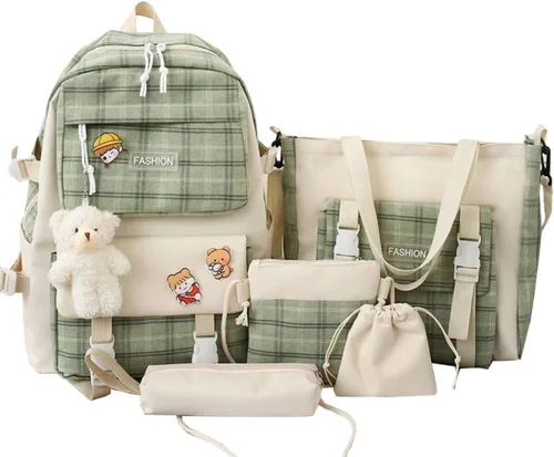 Vista 3 de Juego de 5 mochilas estéticas a cuadros con bonitos alfileres y colgante, bolsa japonesa kawaii, accesorios para portátiles de 15.6 pulgadas, Negro