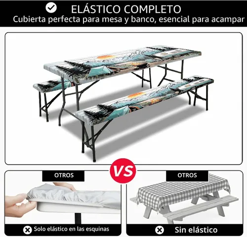 Vista 6 de Funda para Mesa de Picnic con Fundas para Bancos y Bolsa, Campista de Madera Impermeable Resistente al Viento, Cubierta de Mantel Ajustada con Borde