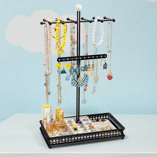 Vista 6 de Meangood Organizador de soporte para árbol de joyería, organizador de collares 3 en 1, exhibición de pulseras, aretes y bandeja para anillos