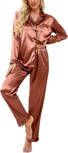 Vista 31 de Ekouaer - Conjunto de pijama de satén de seda clásico con botones para mujer, de manga larga Verde militar