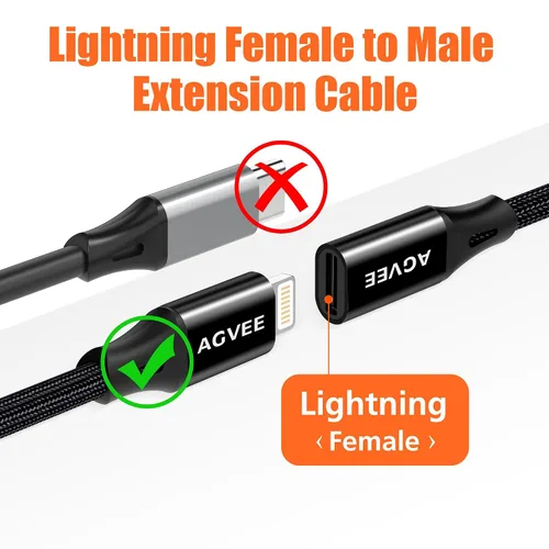 Vista 2 de AGVEE Cable de extensión Lightning de 1 pie, extensor trenzado hembra a macho, cable de función completa compatible con iPhone iPad, sincronización
