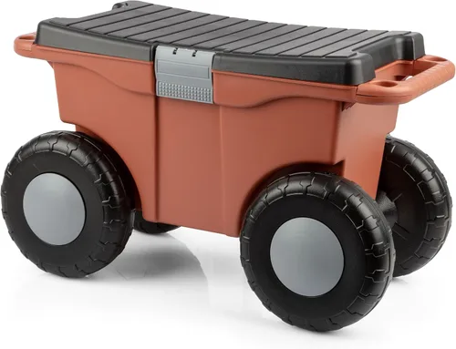 Vista 12 de Pure Garden - Carrito de jardín rodante con asiento, almacenamiento de plástico con banco y bandeja interior de herramientas, taburete de jardinería