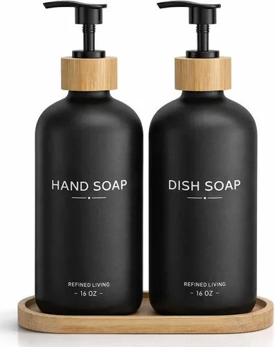 Vista 11 de Dish Soap Dispenser, 16 OZ Glass Kitchen Soap Dispenser with Bamboo Pump and Tray, Refillable Hand Soap Dispenser for Kitchen Countertop, Modern