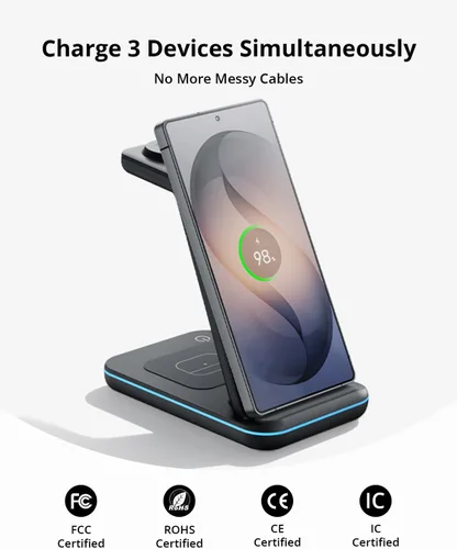 Vista 2 de Cargador inalámbrico para Samsung y Android: estación de carga JoyGeek 3 en 1 para S26/S25/S24/S23/S22/S21/S20/Note20/Z Fold&Flip, Galaxy