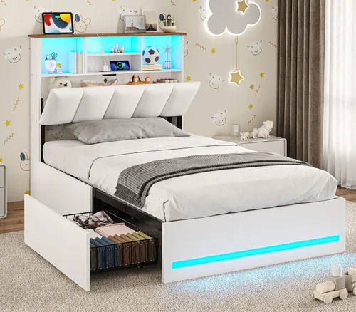 Vista 13 de VIAGDO Marcos de Cama Individuales con Cabecera de Estantería, Marco de Cama de Madera Tamaño Individual con Estación de Carga, 4 Cajones de Negro