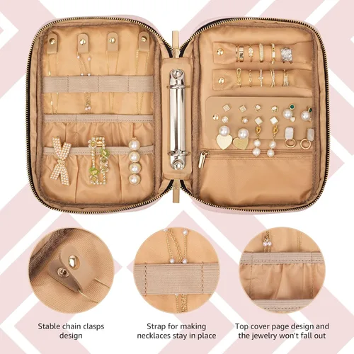 Vista 4 de Allinbag Bolsa organizadora de joyas de viaje con 5 páginas grandes transparentes y 10 rejillas, organizador de collares de viaje transparente