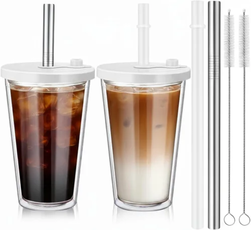 Vista 16 de Honeydak Paquete de 2 Tazas Reutilizables de 16oz para Café Helado con Tapas, Impermeables y de Pared Doble Aislada, Vaso de Café Helado de Plástico