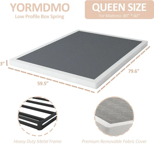 Vista 2 de YORMDMO Somier de 3 pulgadas, resortes de caja tamaño Queen con cubierta de tela, bases de metal resistente de bajo perfil, fácil montaje, capacidad