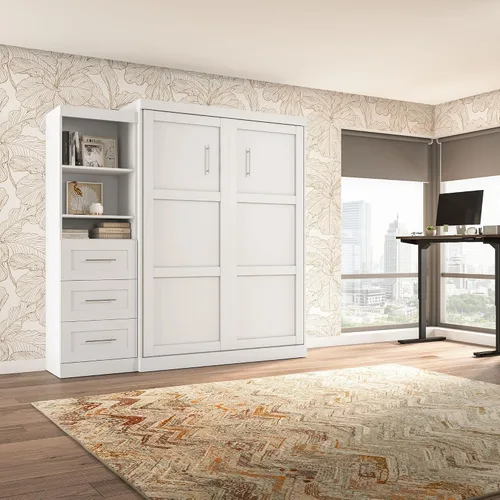 Vista 3 de Bestar Pur Queen Murphy - Mueble de cama y estantería con cajones, cama de pared de 90 pulgadas que ahorra espacio