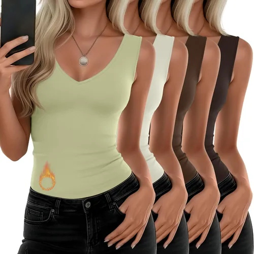 Vista 11 de Paquete de 4 camisetas térmicas sin mangas para mujer, con cuello en V, forro polar, sin mangas, cálido, chaleco de capa base