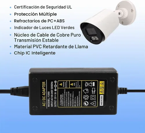 Vista 5 de Adaptador de corriente de cámara de seguridad 12V 5A 100V-240V AC a 12V DC LED Transformadores de potencia Cable divisor de potencia de 8 vías