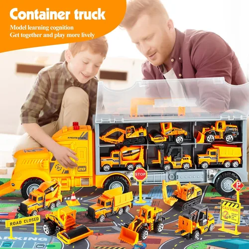Vista 7 de Juego de juguetes de construcción amarillos 18 en 1 con alfombra de juego, camión transportador de automóvil de juguete para niños de 3 años, camión