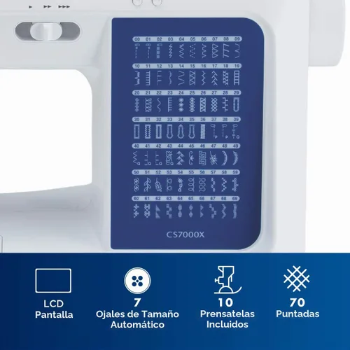 Vista 5 de Brother CS7000X Máquina de coser y acolchar computarizada, 70 puntadas integradas, pantalla LCD, mesa ancha, 10 prensatelas incluidos, blanco 70