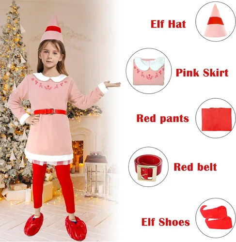 Vista 5 de RTOPDS Disfraz de elfo para niños y niñas, traje de elfo rosa con sombrero para Halloween, Navidad, fiestas de disfraces y cosplay