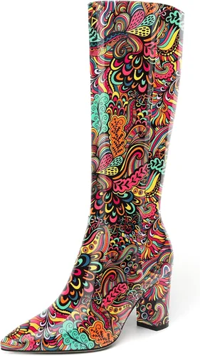 Vista 106 de AMBELIGHT Botas altas hasta la rodilla con cremallera y puntera puntiaguda para mujer, de patente sólida, tacón alto, 3.3 pulgadas