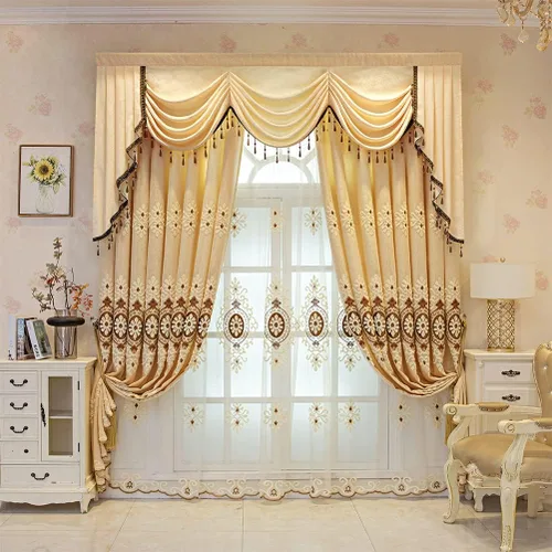 Vista 3 de ELKCA Cortinas bordadas de jacquard para dormitorio, cortinas beige de lujo para sala de estar, ojales superiores, 2 paneles
