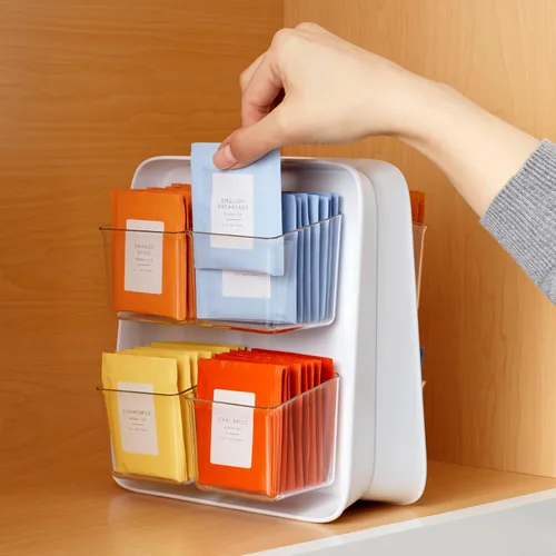Vista 5 de YouCopia TeaStand - Organizador de bolsas de té con compartimentos desmontables transparentes, organizador de almacenamiento para gabinete
