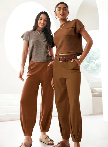 Vista 5 de MEROKEETY Conjunto de dos piezas para mujer, suéter de punto, sin botones, pantalones de cintura alta, conjunto de chándal