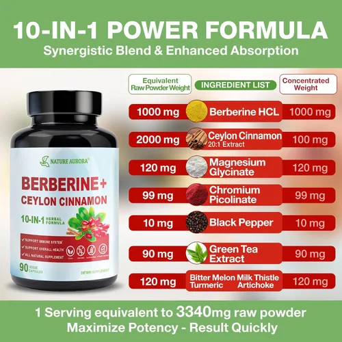 Vista 3 de Suplemento de berberina con canela de Ceilán y picolinato de cromo, 10 en 1 berberina 1000 mg por porción, berberina 5X para metabolismo, corazón e
