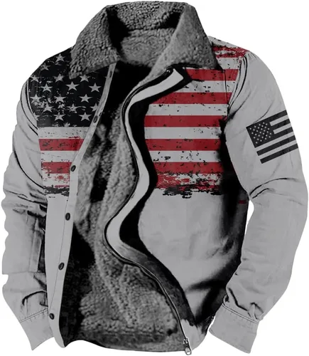Vista 29 de LOAIHA Chaqueta de invierno para hombre, chaqueta de bandera estadounidense, abrigos occidentales para hombre, con cremallera, forro polar cálido