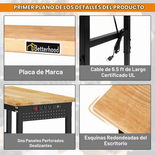 Vista 4 de Betterhood Banco de trabajo de altura ajustable, estación de trabajo resistente con parte superior de madera de goma de 48 pulgadas con tomas