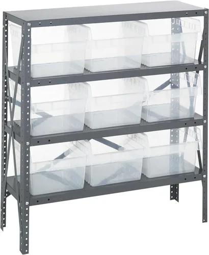 Vista 390 de Quantum QSBU-245BK Heavy Duty Shelving Unit with (7) Shelves and (24) QUS245 Black Bins for Garage Warehouse Storage Distribution 400 lb Load
