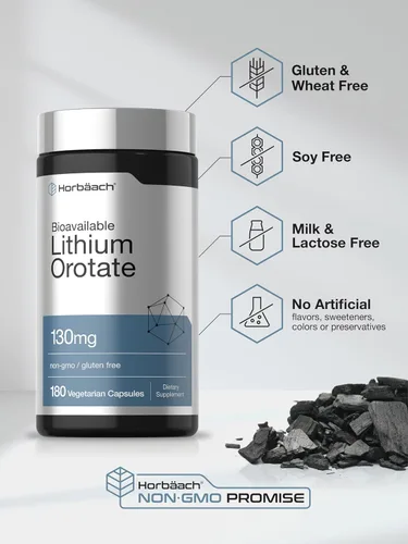 Vista 5 de Horbäach Orotato de litio 130 mg 180 cápsulas Sin OMG, sin gluten, vegano 5 mg de litio elemental biodisponible