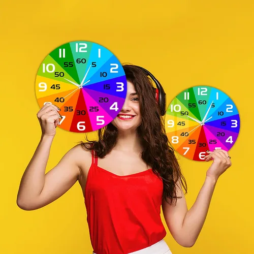 Vista 9 de Reloj de aprendizaje con rueda de color arcoíris, reloj de enseñanza de 12 pulgadas para niños, reloj de pared analógico para aula, movimiento