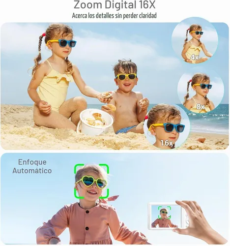Vista 5 de Cámara digital 4K, cámara digital compacta digital de enfoque automático, zoom digital de 16X, cámara de viaje mejorada con tarjeta SD de 64 GB, 2