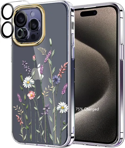 Vista 10 de luolnh Funda compatible con iPhone 15 Pro Max, para mujeres y niñas, a prueba de golpes, con patrón floral transparente, carcasa trasera dura
