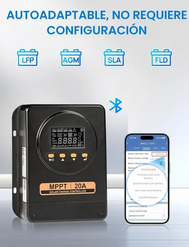 Vista 2 de Controlador de carga solar ECO-WORTHY MPPT 12V/24V 20A con Bluetooth