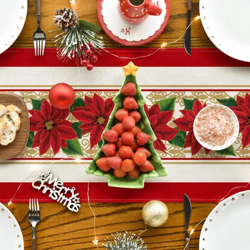 Vista 4 de Camino de mesa de flores rojas en acuarela de Navidad, 13 x 72 pulgadas, decoración de mesa navideña para el hogar, cocina, restaurante, B 13 x 72