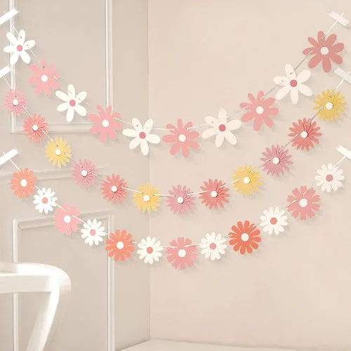 Vista 8 de Paquete de 3 pancartas de margaritas rosadas, decoraciones únicas de margaritas florales, guirnalda de margaritas florales, decoración de papel