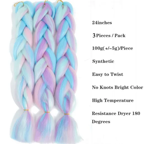 Vista 2 de Paquete de 3 extensiones de cabello trenzado de arco iris de 24 pulgadas, mezcla de cuatro colores para trenzas, trenzas de caja jumbo de fibra