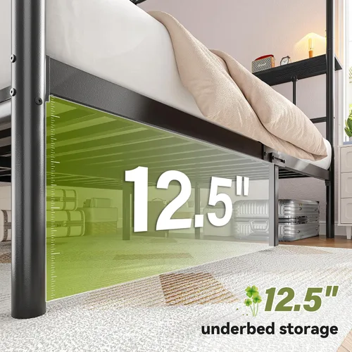 Vista 5 de Homkdom Twin Canopy Bed Frame with Storage Headboard,Noise-Free,Black